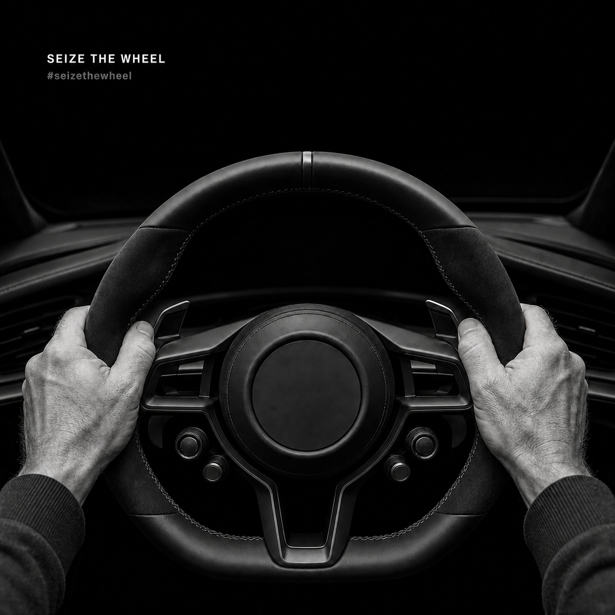 Hands gripping an unbranded performance steering wheel. Seize the Wheel.